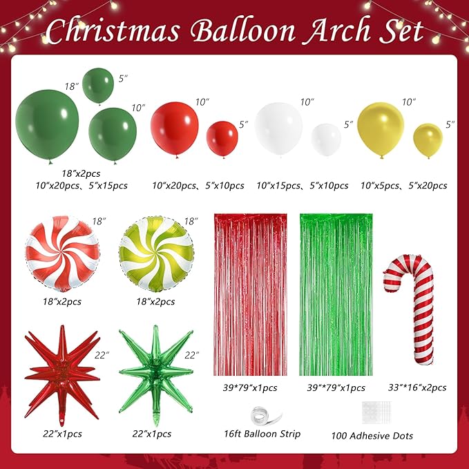 Christmas Party Decorations, 127Pcs Christmas Balloon Garland Arch Kit with Fringe Curtain, Red Green White Gold Balloons for Kids Adults Friends Ugly Sweater Party Supplies