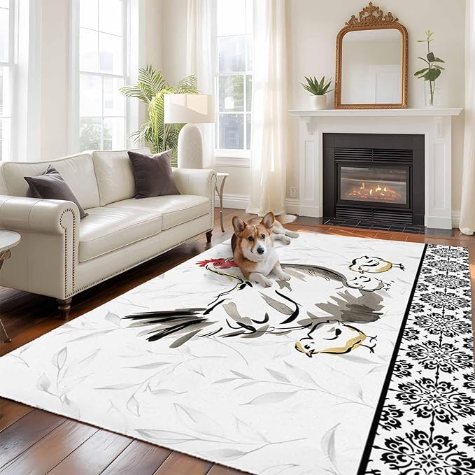 Area Rug 6x9ft, Country Farmhouse Rooster Washable Rugs for Living Room Bedroom, Watercolor Animal Flower Pattern Soft Non-Slip Area Rugs Rectangle Floor Carpet for Dining Room