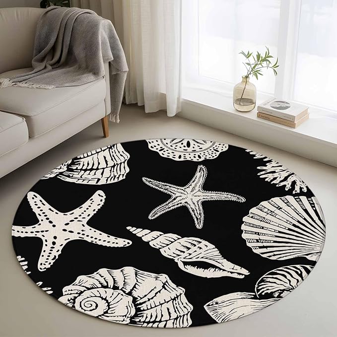 Washable Round Area Rug Marine Starfish Shell Conch Circle Rugs Floor Carpet for Living Room Bedroom, Ocean Life on Black Soft Non Slip Round Rug 4ft