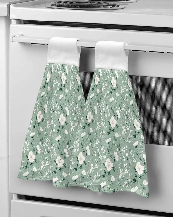 Alandar Home Kitchen Tie Towel Set of 1, Watercolor White Camellia Absorbent Soft Hand Towels for Bathroom Hanging Towels, Floral on Green Background Fast Drying Cleaning Cloth with Loop
