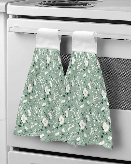 Alandar Home Kitchen Tie Towel Set of 2, Watercolor White Camellia Absorbent Soft Hand Towels for Bathroom Hanging Towels, Floral on Green Background Fast Drying Cleaning Cloth with Loop