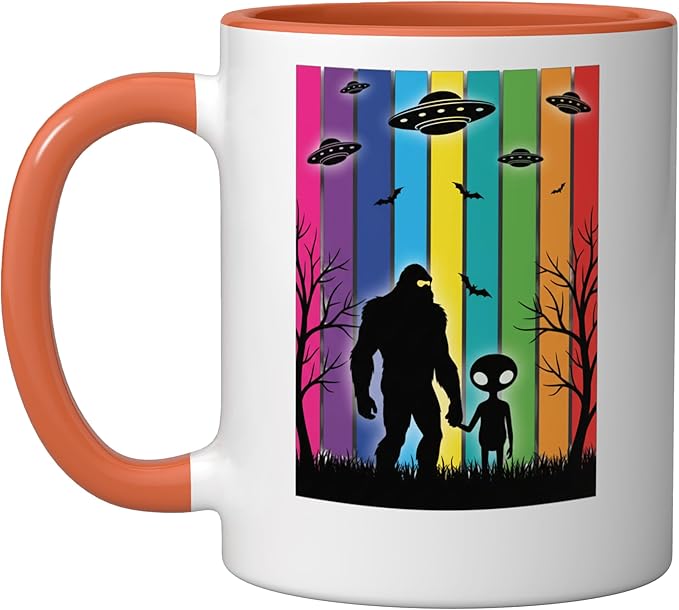Bigfoot Holding Hands With Alien Ufo Rainbow Sci Fi Ceramic Mug, Orange/White