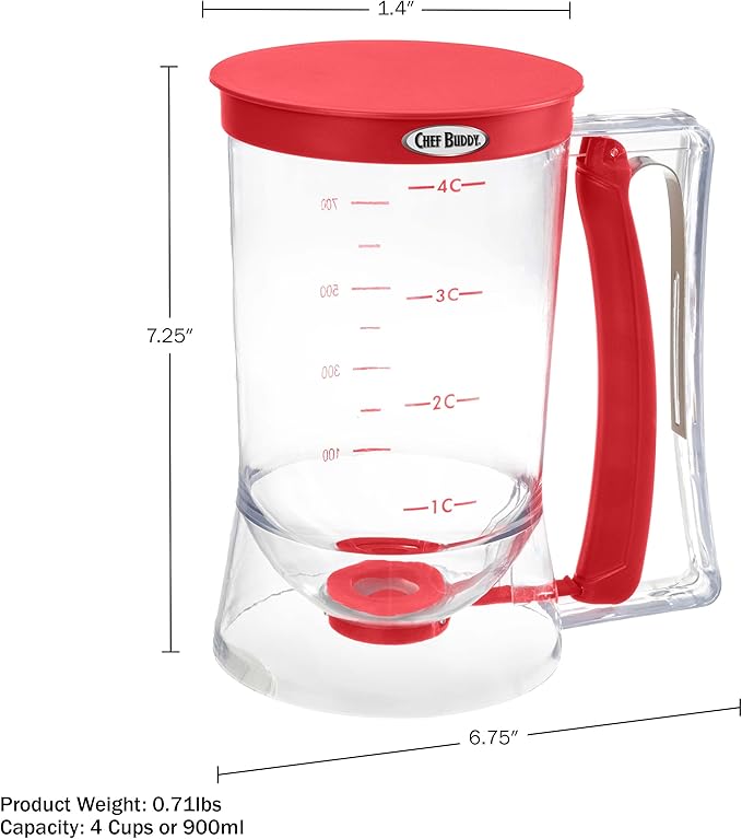 Pancake Batter Dispenser - 4-Cup Batter Dispenser with Squeeze Handle for Pancakes, Waffles, Muffins, and Crepes - Baking Tools (Red)