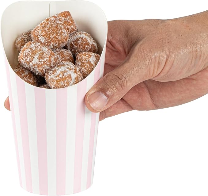 Bio Tek 16 Ounce French Fry Containers, 100 Disposable Charcuterie Cups - Incline Design, Round, Striped Paper French Fry Cups, Stackable, For Waffles, Chips, or Popcorn - Restaurantware