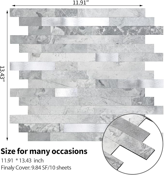 Yipscazo 10 Sheets Peel and Stick Stone Metal Tile Backsplash, Stick on Tiles for Backsplash Kitchen, Bathroom, Laundry Room, Camper, Fireplace (12'' X 12'', Gray Stone with Metal)