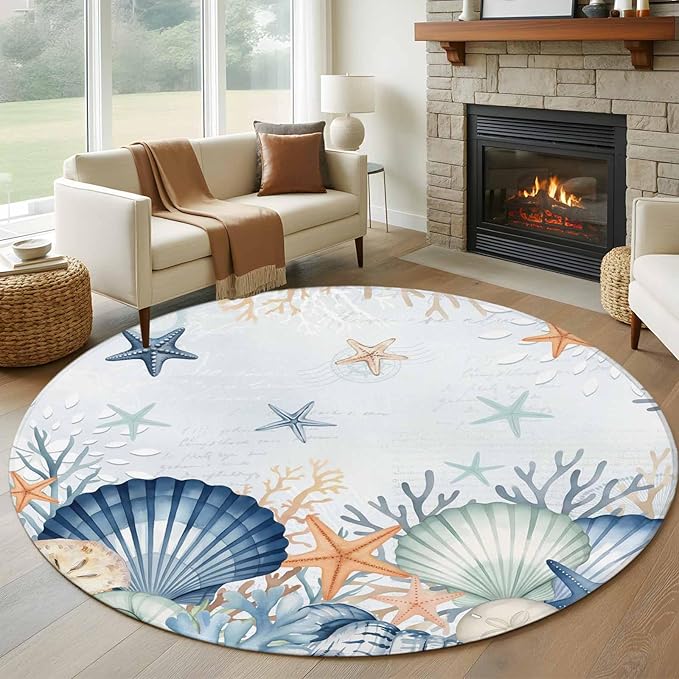 Washable Round Area Rug Underwater Shells Starfish on Blue Circle Rugs Floor Carpet for Living Room Bedroom, Colorful Coral Soft Non Slip Round Rug 5ft