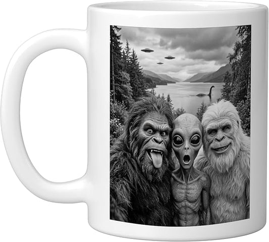 Bigfoot Alien Loch Ness Monster UFO Selfie Funny Cryptid Art Ceramic Mug, White