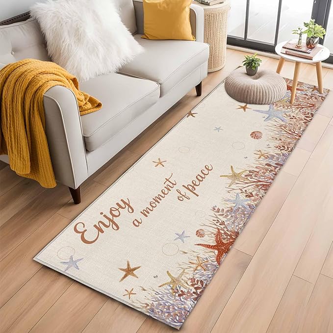 Runner Rug for Bedroom Hallway, Orange Marine Starfish Coral Seaweed Kitchen Runner Rugs Area Rug 2x6ft, Peace Quote on Linen Washable Soft Floor Carpet for Entryway Stair