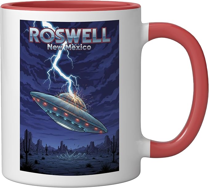 Roswell UFO Flying Saucer New Mexico Souvenir Lightning Ceramic Mug, Red/White