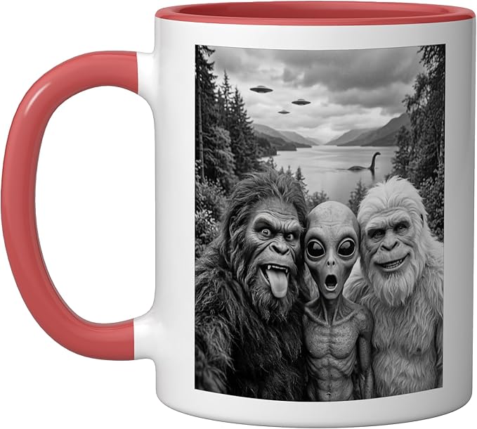 Bigfoot Alien Loch Ness Monster UFO Selfie Funny Cryptid Art Ceramic Mug, Red/White