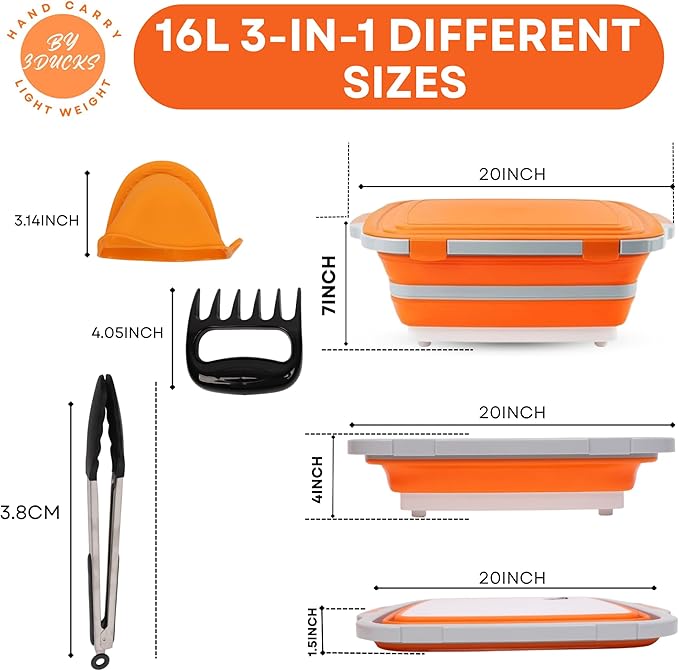 Collapsible BBQ Prep Tub16L Orange | Portable Meat Marinating Container with Locking Cutting Board Lid, BBQ Tongs, 2 Meat Shredding Claws & 2 Heat-Resistant Grill Gloves for Camping & Grilling