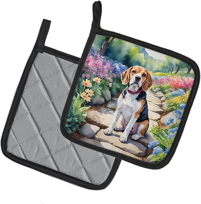 Caroline's Treasures Beagle Spring Garden Pair of Pot Holders Kitchen Heat Resistant Pot Holders Sets Oven Hot Pads for Cooking Baking BBQ, 7 1/2 x 7 1/2