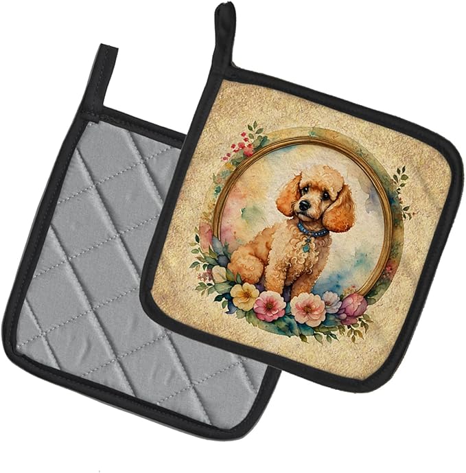 Caroline's Treasures Poodle and Flowers Pair of Pot Holders Kitchen Heat Resistant Pot Holders Sets Oven Hot Pads for Cooking Baking BBQ, 7 1/2 x 7 1/2