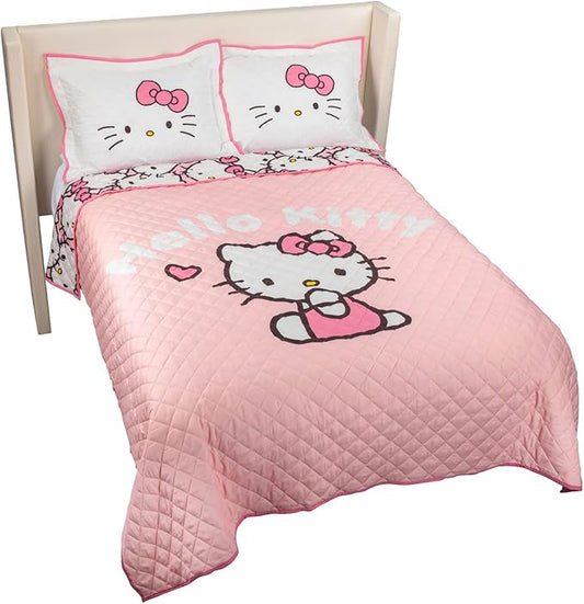 Jay Franco Hello Kitty Bedding Full/Queen Quilt & Sham Set, 3-Piece - Super Soft Cozy Lightweight Quilted Bedspread, Machine Washable All Season Bedroom Decor, Pink Stripes & Hearts