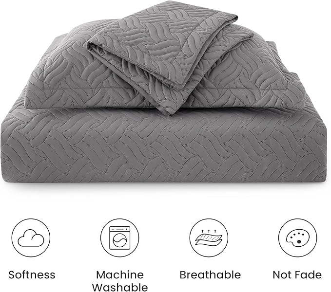 Love's cabin Twin Quilt Bedding Set Grey Bedspreads - Soft Bed Summer Lightweight Bedspread Comforter - Wave Pattern Bedding Coverlet for All Season - 2 Pieces (1 Quilt, 1 Pillow Sham)