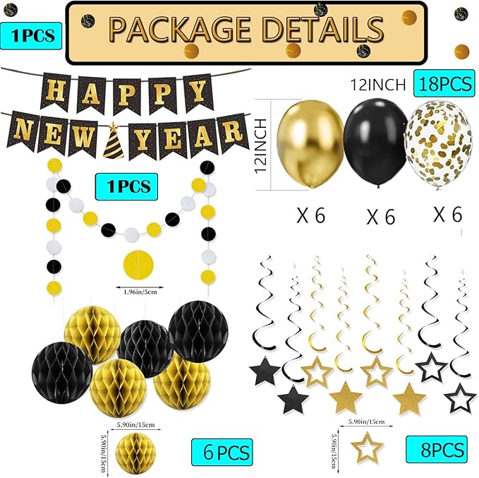 New Year's Eve Party Supplies 2026 - Happy New Year Banner, Balloons, Star Foil Streamers and Dot Garlant with Black Gold Honeycomb Ball Backdrop for 2026 New Year Decorations