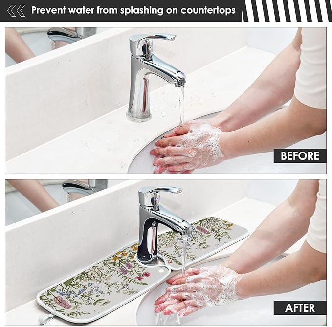 Kitchen Faucet Absorbent Mat, Herbs Wild Flowers Plant Water Splash Guard for Sink, Faucet Drip Catcher Thicken Sponge Microfiber Faucet Water Catcher Mat Sink Absorbent Mat for Kitchen 14x5in 2 Pack
