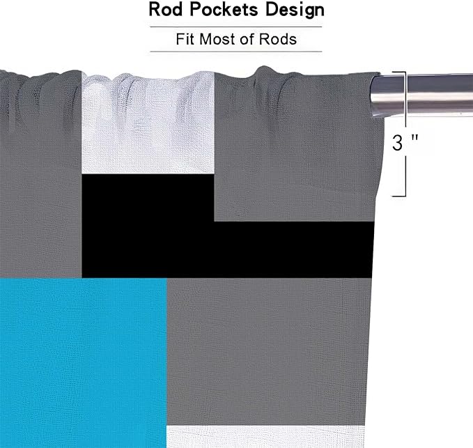 MCALK Light Blue Blackout Kitchen Curtains Tiers Set 2 Piece for Windows Grey and Black Kitchen Window Curtains Set,White Modern Abstract Art Valances for Living Room(24" Tiers Set)