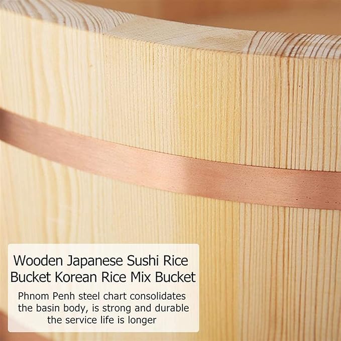 30cm/11.8Inch Wooden Sushi Rice Bowl - Home Kitchen Hangiri Sushi Oke Rice Mixing Tub with Copper Banding for Sushi Restaurant