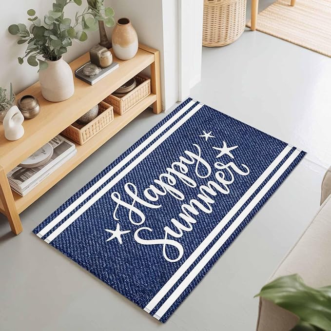 Area Rug 2x3ft, Happy Summer Quote Ocean Starfish Washable Rugs for Living Room Bedroom, Navy Blue Stripe Denim Texture Soft Non-Slip Area Rugs Rectangle Floor Carpet for Dining Room