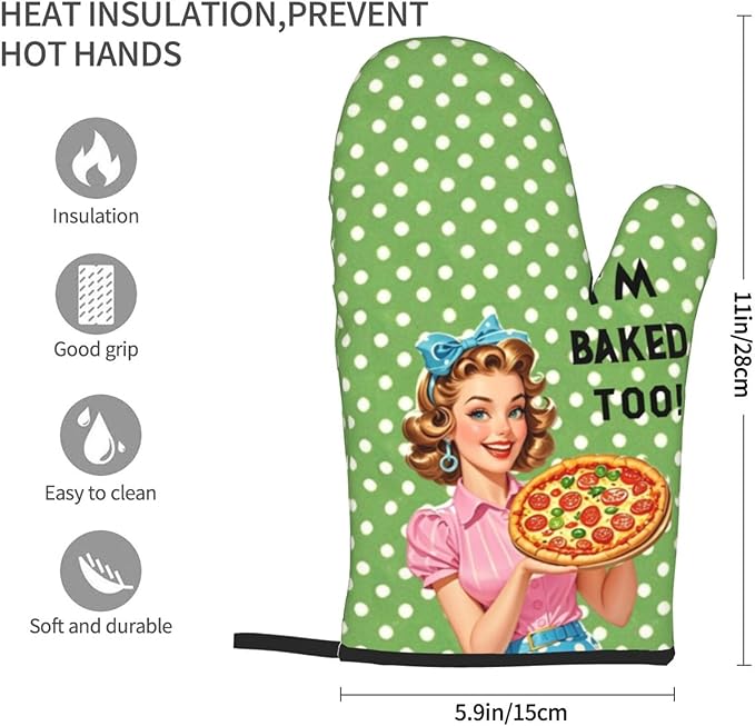 2 Pcs Funny Oven Mitts I'm Baked Too Heat Resistant Non-Slip Kitchen Gloves with Hanging Loop Housewarming Gifts for Baking Lover Family Friend