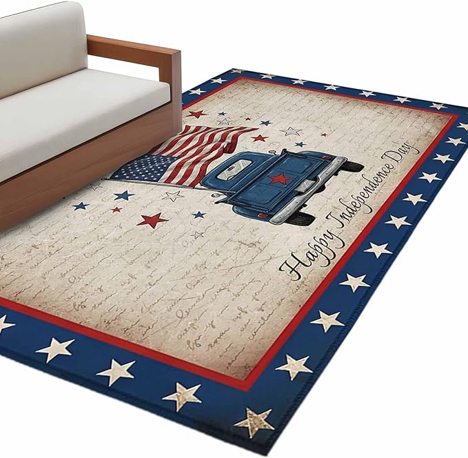 Area Rug 3x5ft, Happy Independence Day USA Flag Washable Rugs for Living Room Bedroom, Retro Blue Truck Soft Non-Slip Area Rugs Rectangle Floor Carpet for Dining Room