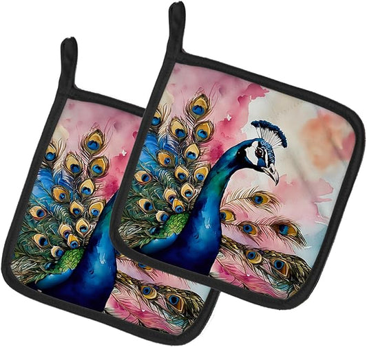Caroline's Treasures Peacock Pair of Pot Holders Kitchen Heat Resistant Pot Holders Sets Oven Hot Pads for Cooking Baking BBQ, 7 1/2 x 7 1/2