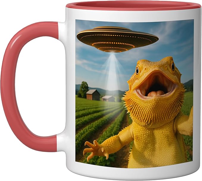 Funny Bearded Dragon Selfie with Alien UFO Ceramic Mug, Red/White