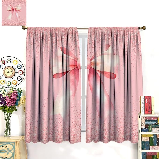 Pink Bow Blackout Curtain,Fashion Girly Bowknot Glitter Sparkle Print Window Curtains for Dining Room Living Room Kitchen Cafe Bedroom Office Nursery Drapes,55x63 in
