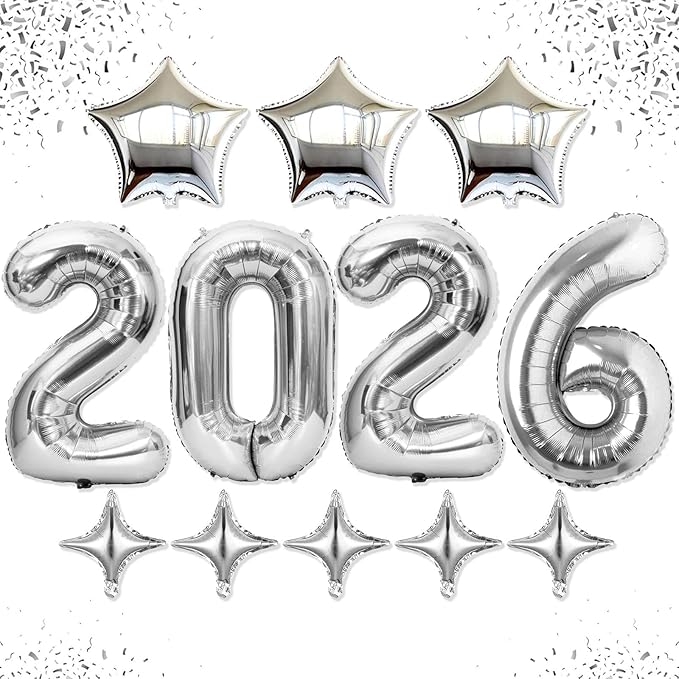 Upgraded, 42in Large 2026 Balloons Numbers, with 8pcs Star Balloon and Accessories, 3D Premium Aluminum Foil, Graduation Balloons for Graduation Decorations 2026, Grad Party Decorations, Silver