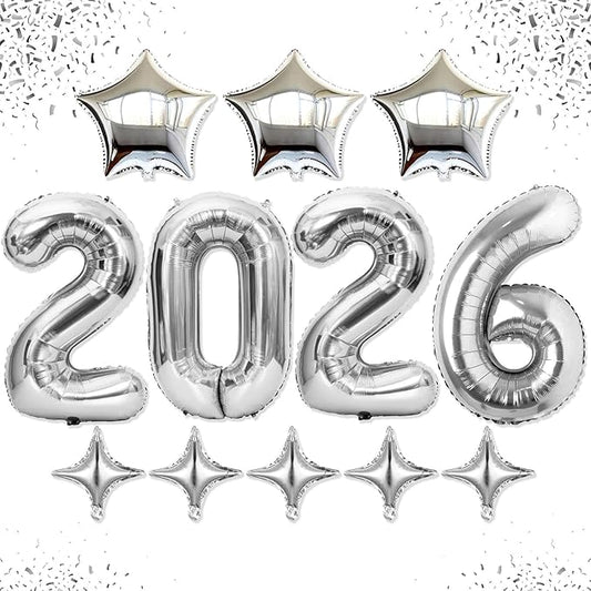 Upgraded, 42in Large 2026 Balloons Numbers, with 8pcs Star Balloon and Accessories, 3D Premium Aluminum Foil, Graduation Balloons for Graduation Decorations 2026, Grad Party Decorations, Silver