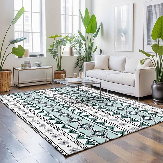 Area Rug 4x6ft, Boho Diamond Pattern Washable Rugs for Living Room Bedroom, Ethnic Style Blue Strips Soft Non-Slip Area Rugs Rectangle Floor Carpet for Dining Room