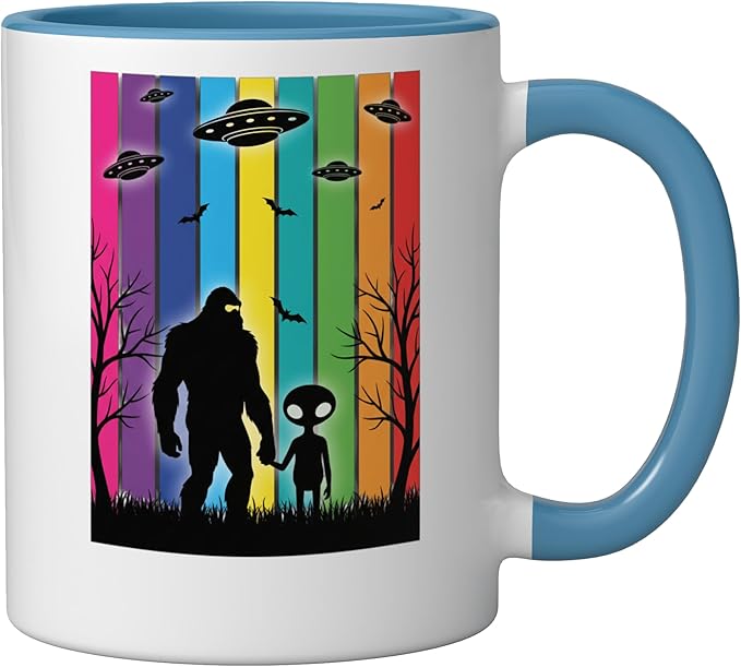 Bigfoot Holding Hands With Alien Ufo Rainbow Sci Fi Ceramic Mug, Blue/White