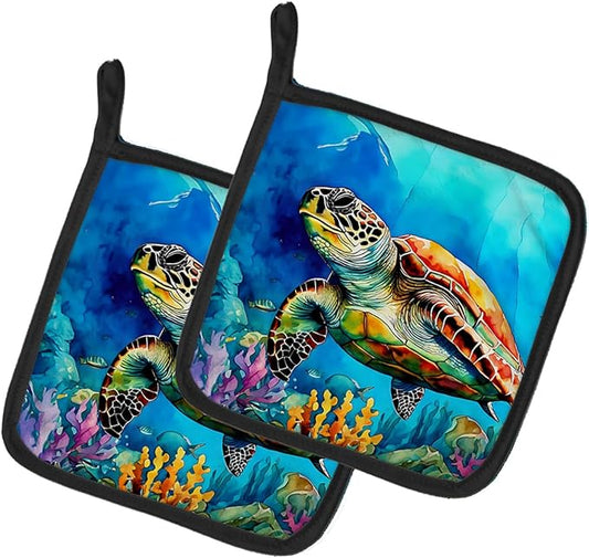 Caroline's Treasures Loggerhead Sea Turtle Pair of Pot Holders Kitchen Heat Resistant Pot Holders Sets Oven Hot Pads for Cooking Baking BBQ, 7 1/2 x 7 1/2