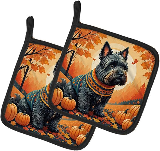 Caroline's Treasures DAC1069PTHD Scottish Terrier Fall Pair of Pot Holders Kitchen Heat Resistant Pot Holders Sets Oven Hot Pads for Cooking Baking BBQ, 7 1/2 x 7 1/2