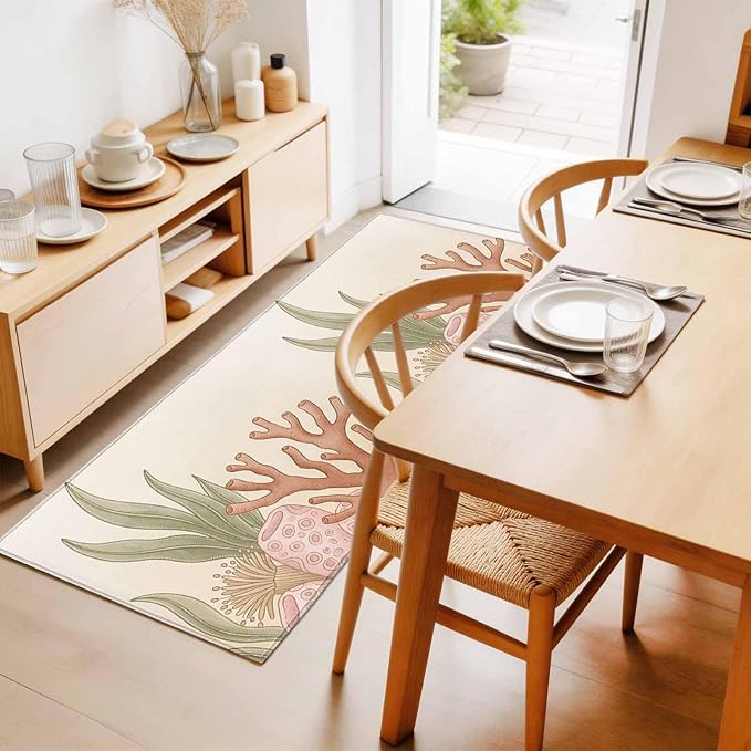Runner Rug for Bedroom Hallway, Ocean Coral Seaweed Shell Reef Kitchen Runner Rugs Area Rug 2x6ft, Watercolor Marine Theme Washable Soft Floor Carpet for Entryway Stair