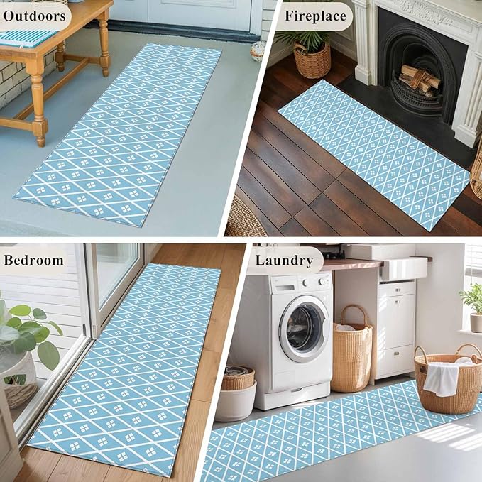 Runner Rug for Bedroom Hallway, Boho Blue White Plaid Line Kitchen Runner Rugs Area Rug 2x6ft, Abstract Geometric Diamond Washable Soft Floor Carpet for Entryway Stair