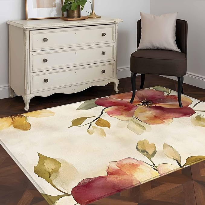 Area Rug 3x5ft, Oil Painting Style Flowers Washable Rugs for Living Room Bedroom, Vintage Country Floral Soft Non-Slip Area Rugs Rectangle Floor Carpet for Dining Room