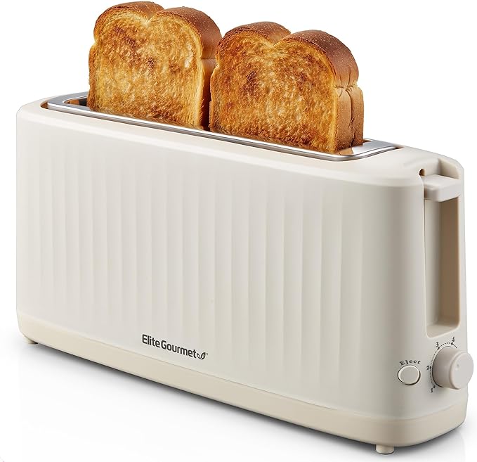 Elite Gourmet ECT2517C SLIMTOAST™ 2-Slice Long Slot Toaster, Cool-Touch Body, 6 Browning Shades, Extra-Wide 1.5" Slot for Artisan Bread, Bagels, Waffles & English Muffins, Cremello