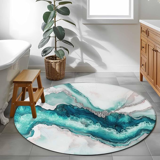 Washable Round Area Rug Abstract Blue Marble Texture Circle Rugs Floor Carpet for Living Room Bedroom, Modern Luxury Pattern Soft Non Slip Round Rug 3ft