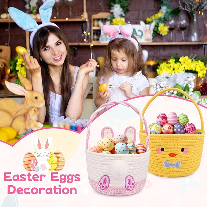 Personalized Easter Basket for Toddler, Bunny Basket for Kids,Empty Woven Rope Cotton for Eggs,Easter Egg Hunt Storage Bin with Handle, Baby Nursery Candy for Boys and Girls, 9''×12''
