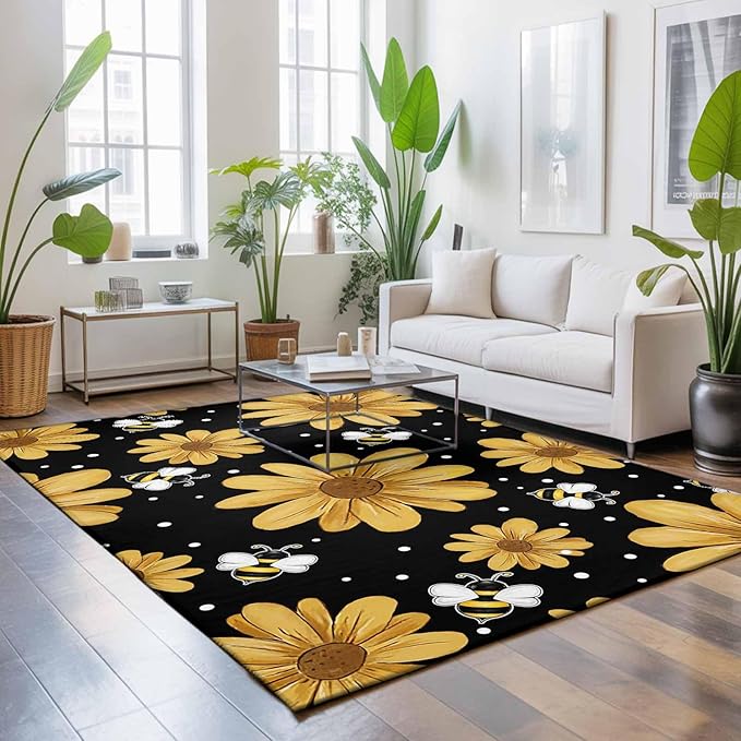 Area Rug 3x5ft, Summer Daisy Flower Bee on Black Washable Rugs for Living Room Bedroom, Spring Watercolor Floral Soft Non-Slip Area Rugs Rectangle Floor Carpet for Dining Room