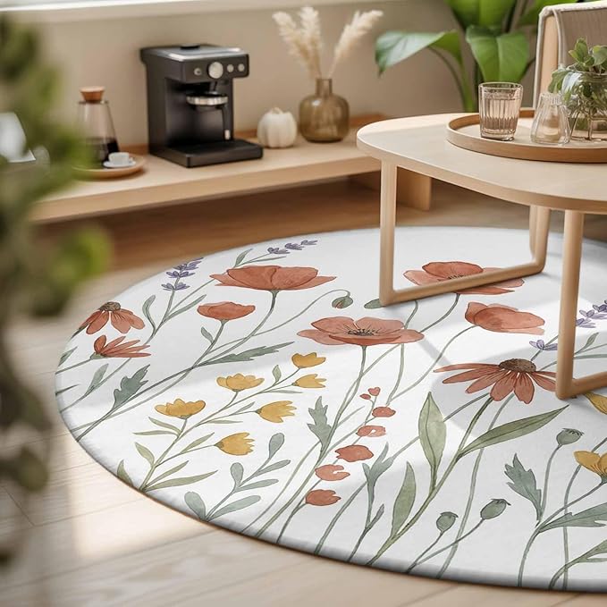 Washable Round Area Rug Watercolor Daisies Lavender Circle Rugs Floor Carpet for Living Room Bedroom, Country Floral Art Soft Non Slip Round Rug 3ft