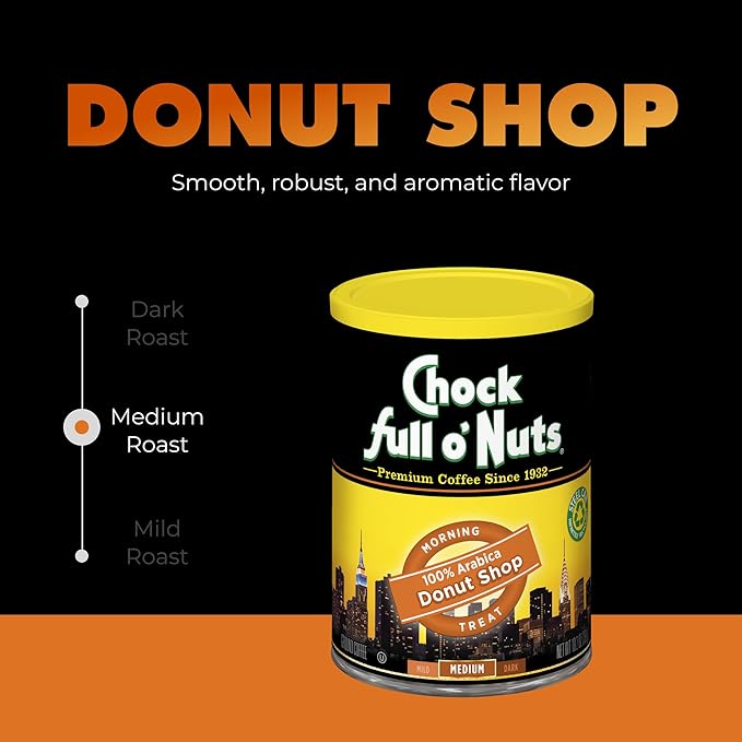 Chock Full o' Nuts Donut Shop Ground Coffee – Premium Beans in Recyclable Steel Can – Rich Flavor & Aroma, Medium Roast – Perfect for Drip, Pour-Over, Percolator – 10.2 Oz Can, Pack of 6
