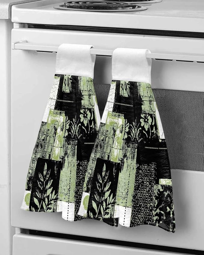 Alandar Home Kitchen Tie Towel Set of 1, Boho Abstract Geometric Texture Absorbent Soft Hand Towels for Bathroom Hanging Towels, Summer Leaves Black Green Fast Drying Cleaning Cloth with Loop