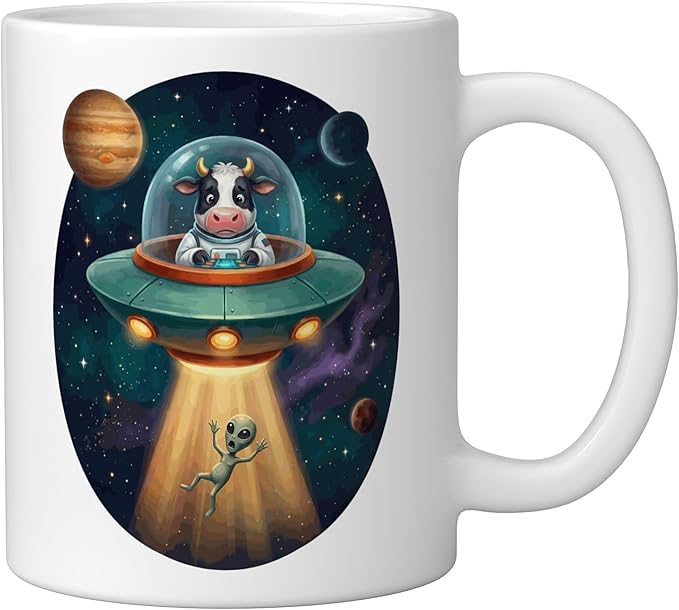 Fuuny Cow Astronaut UFO Abducting Alien Space Farm Ceramic Mug, White