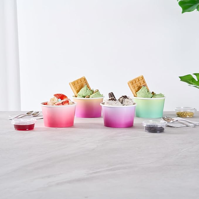 Restaurantware Paper Cups 200 Count 8 Ounce Square Disposable Ice Cream Containers, Leak-Resistant Paper Dessert To Go Cups, Hot And Cold Food, Durable Assorted Ombre Design