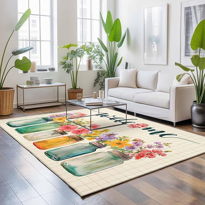 Area Rug 9x12ft, Summer Pastoral Flower Buffalo Plaid Washable Rugs for Living Room Bedroom Rectangle Floor Carpet, Rustic Blossom Floral Soft Non-Slip Area Rugs for Dining Room
