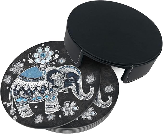 Famame 6 Pcs Ethnic Floral Elephant Leather Coasters for Drinks with Holder Coaster Sets Drink Table Cup Coasters for Living Room Kitchen Coffee Decor