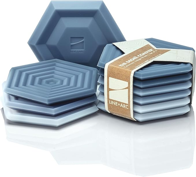 LINE+ARC Extra Thick Silicone Coasters Waterproof Anti-Stain Heat-Safe Dishwasher-Safe Degrē Coasters Original (Set of 6, Indigo Wash) Outdoor Rubber Mid-Century Modern